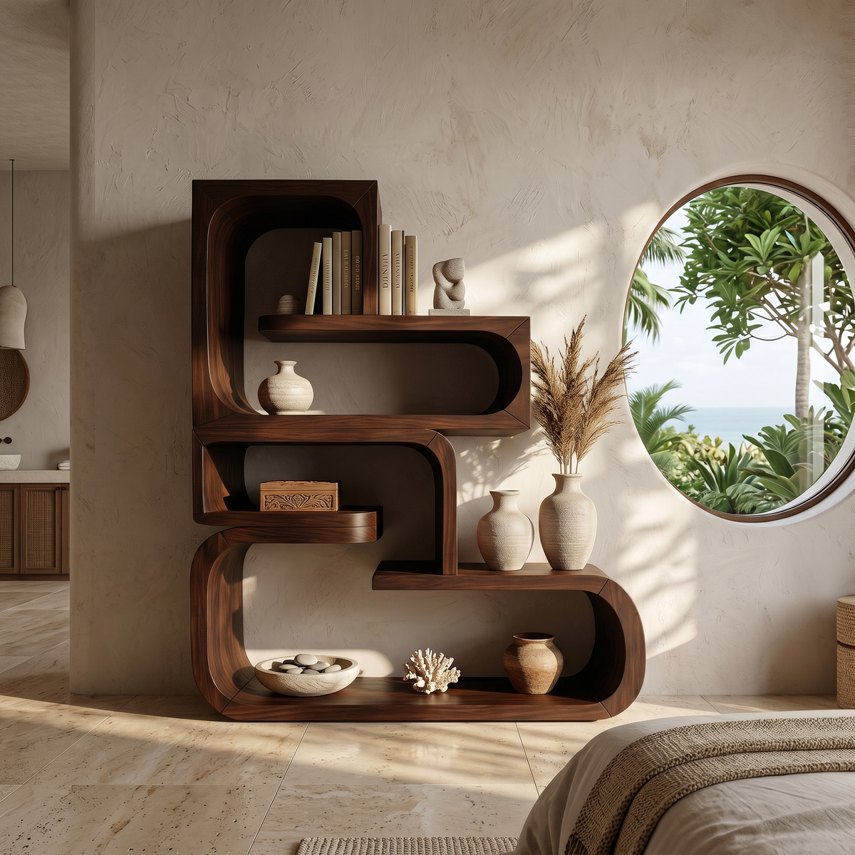 Contemporary Wave Edge Wooden Bookcase In Natural Finish - view 7