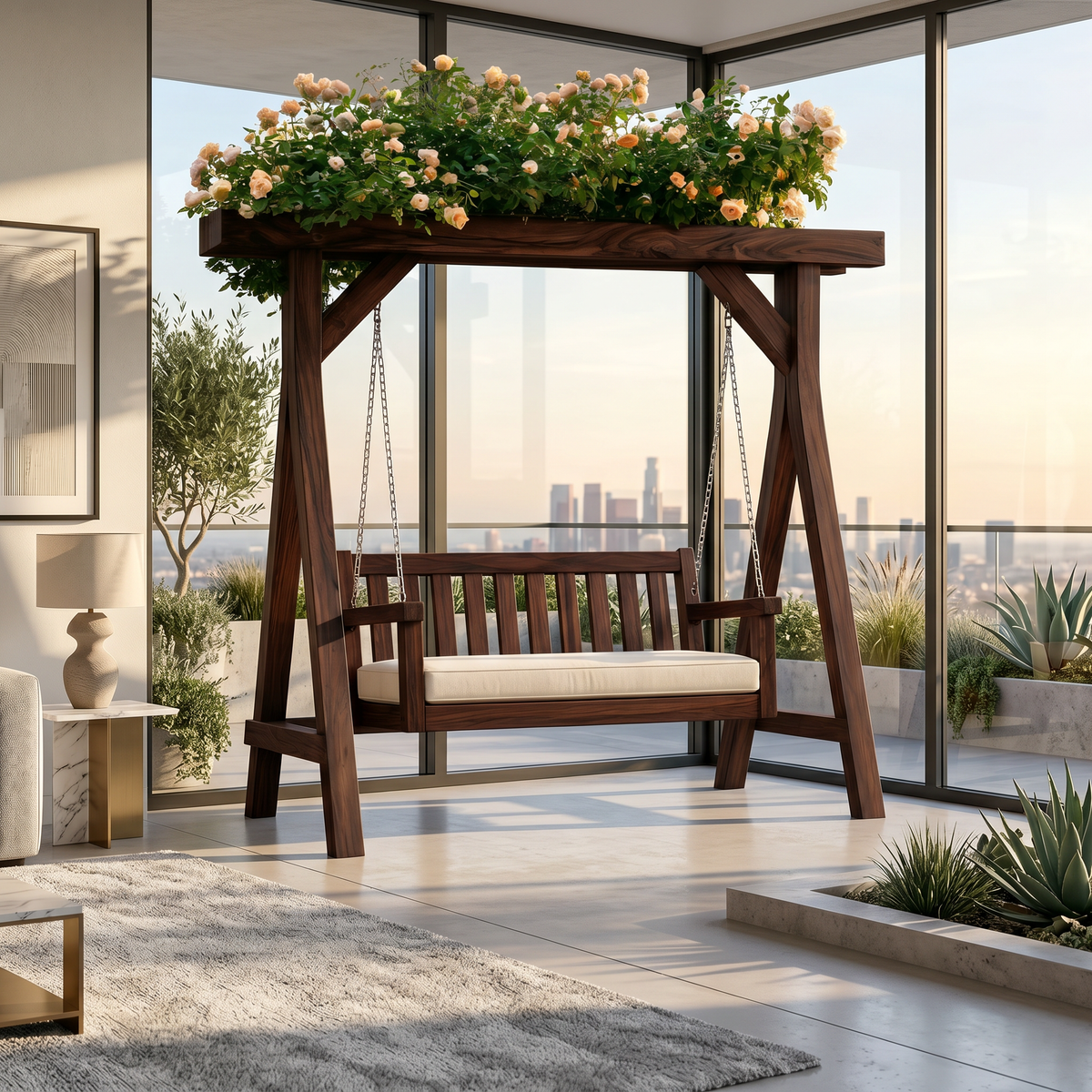 Elegant Wooden Swing With Planter Frame - view 7