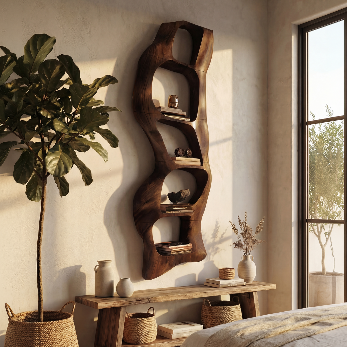 Contemporary Wooden Wall Shelf, Handcrafted Solid Wood Floating Storage Display Ledge Rack - view 7
