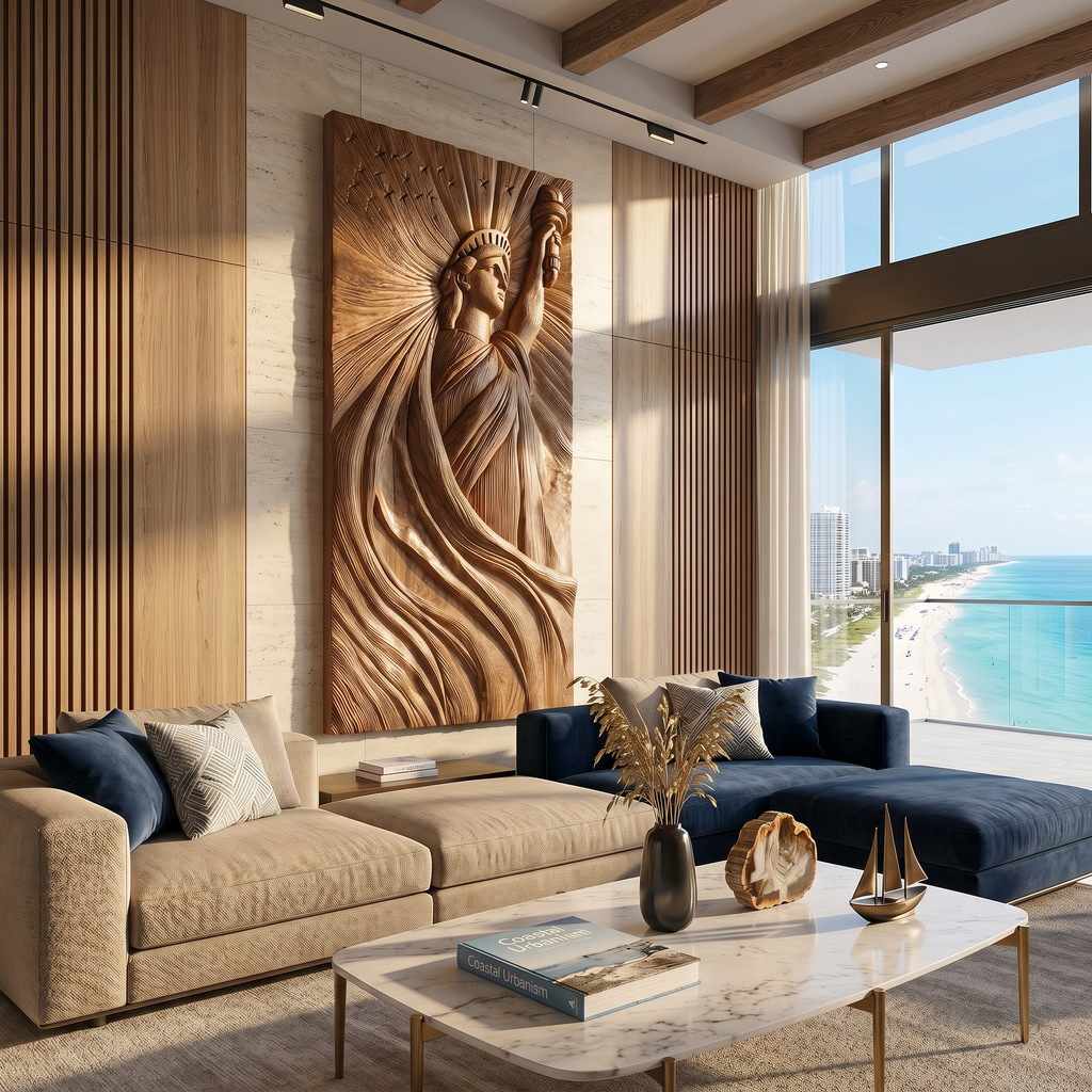 Coastal Modern Statue of Liberty Wood Wall Art, Handcrafted 3D Wooden Icon Sculpture Panel - view 4