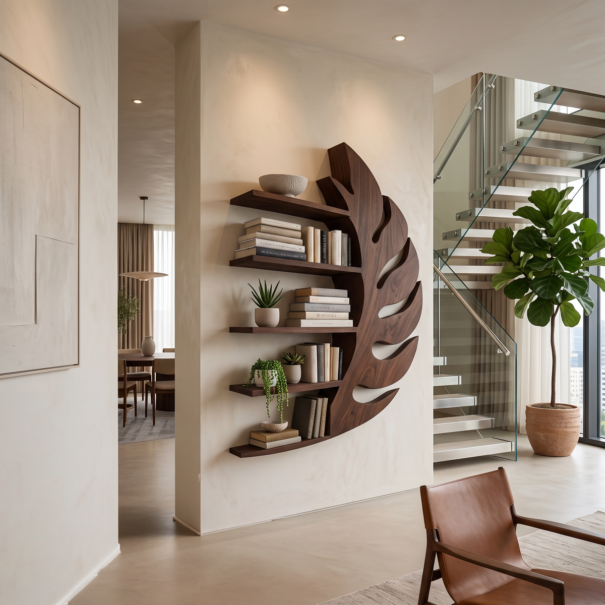 Contemporary Wooden Leaf Shape Floating Bookshelf For Home Decor - view 7