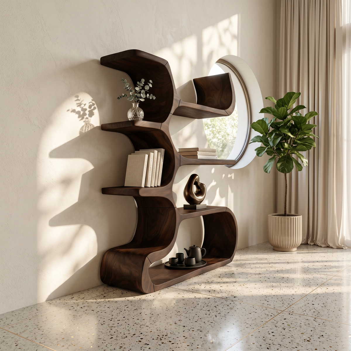 Contemporary Wooden Bookcase In Sculpted Curves - view 7