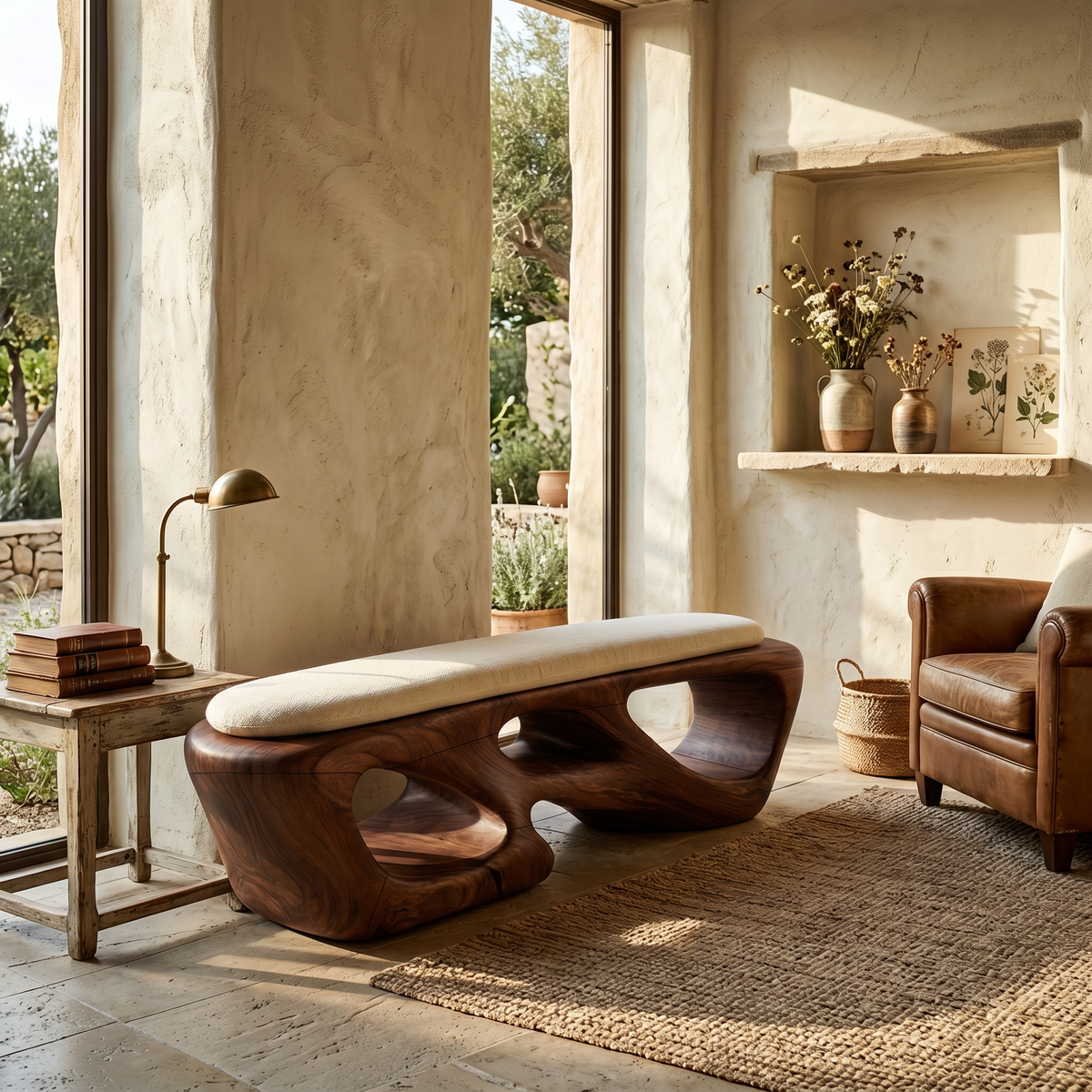 Curved Solid Wood Bench Luxury Living Room - view 7
