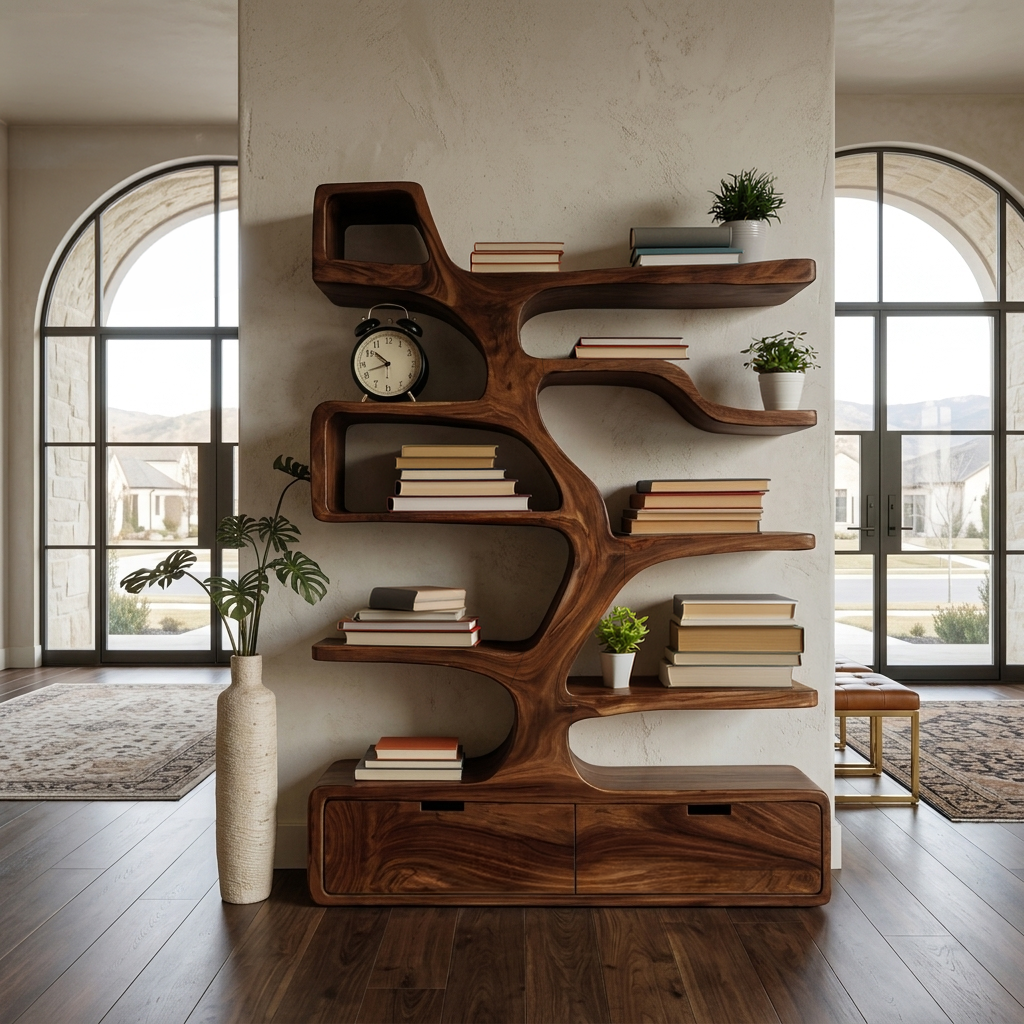 Contemporary Wooden Bookshelf Sculpted Design For Living Space - view 7