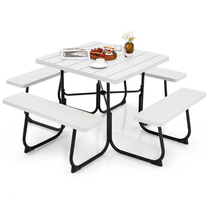 8-Person Outdoor HDPE Square Picnic Table And Bench Set, 67in x 67in x 30in, Metal Frame