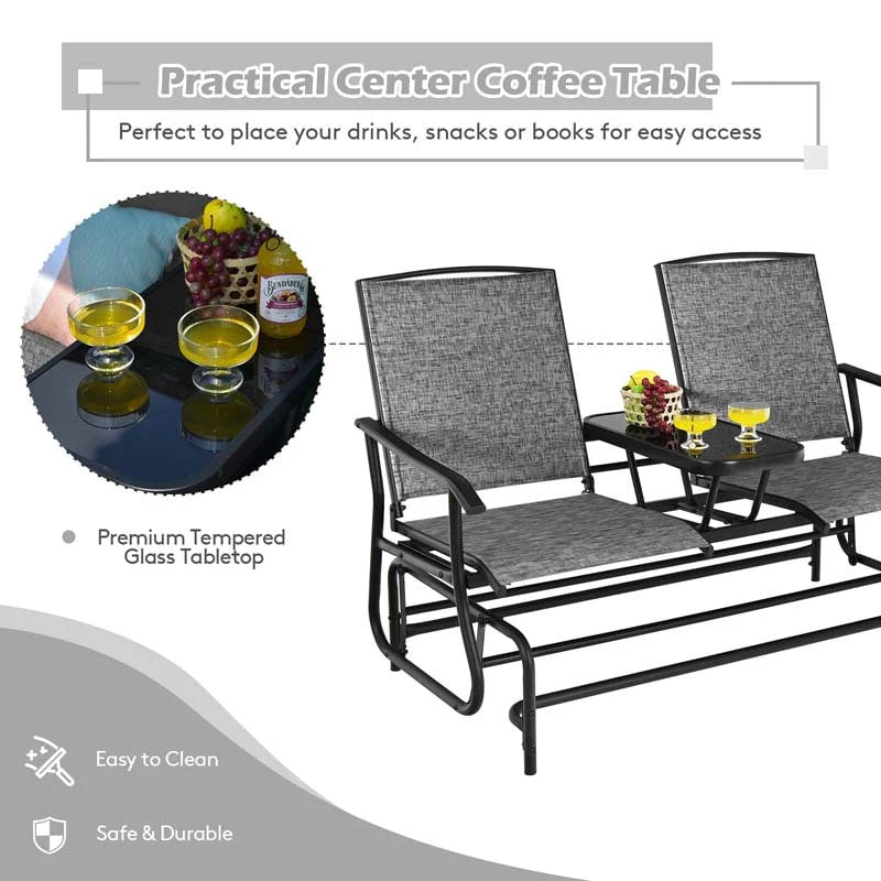 2-Person Outdoor Bench Glider Chair With Center Table, Mesh Fabric, 57 x 28 x 38 in