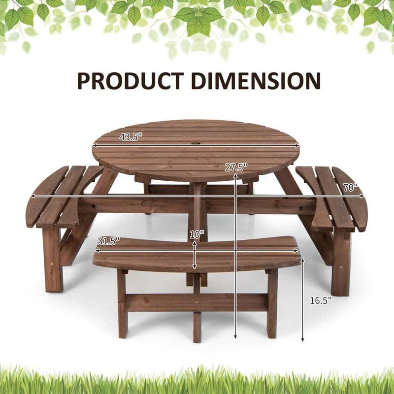 8-Person Outdoor Fir Wood Round Picnic Table Set With 4 Benches And Umbrella Hole - 70.5 x 70.5 x 27.5 in