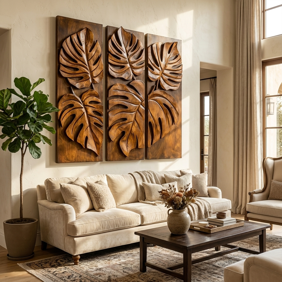 Carved Monstera Leaf Solid Wood Wall Art Triptych Statement Decor - view 6