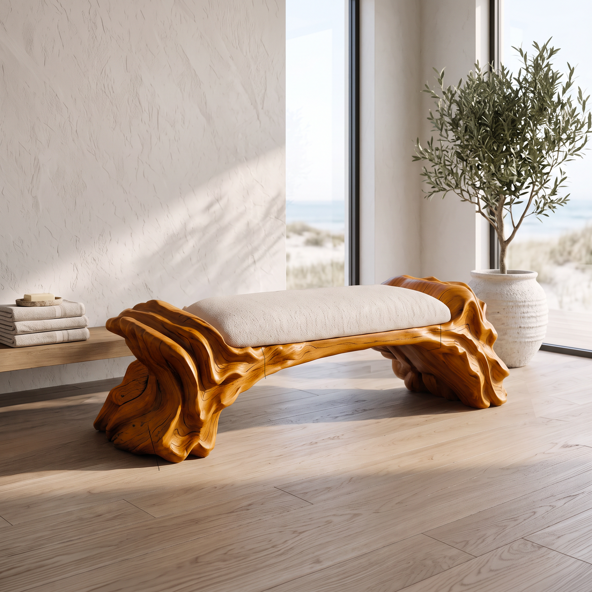 Contemporary Halloween Wood Bench With Oyster Inspired Base For Reading Nook - view 6