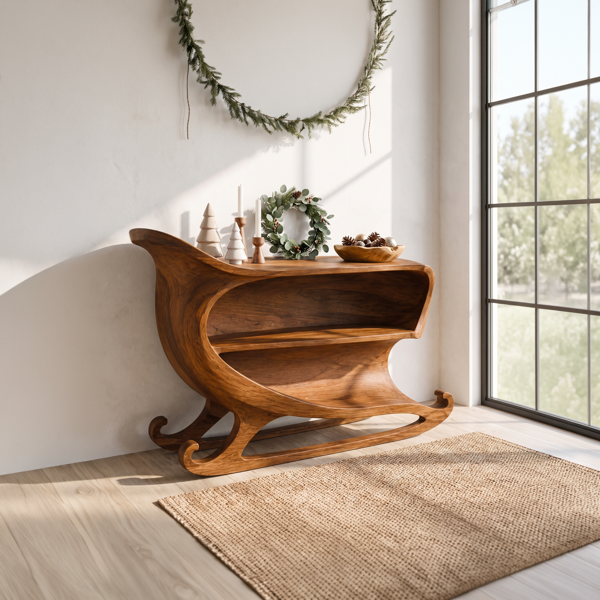 Farmhouse Christmas Console Table With Sleigh Inspired Scroll Design For Entryway And - view 6