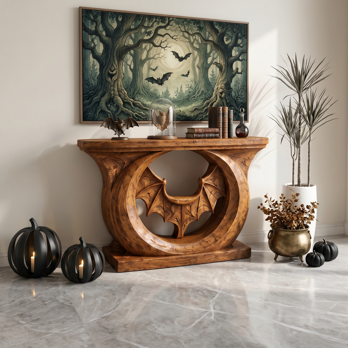 Contemporary Halloween Console Table With Sculptural Bat Design For Entryway And Living - view 6