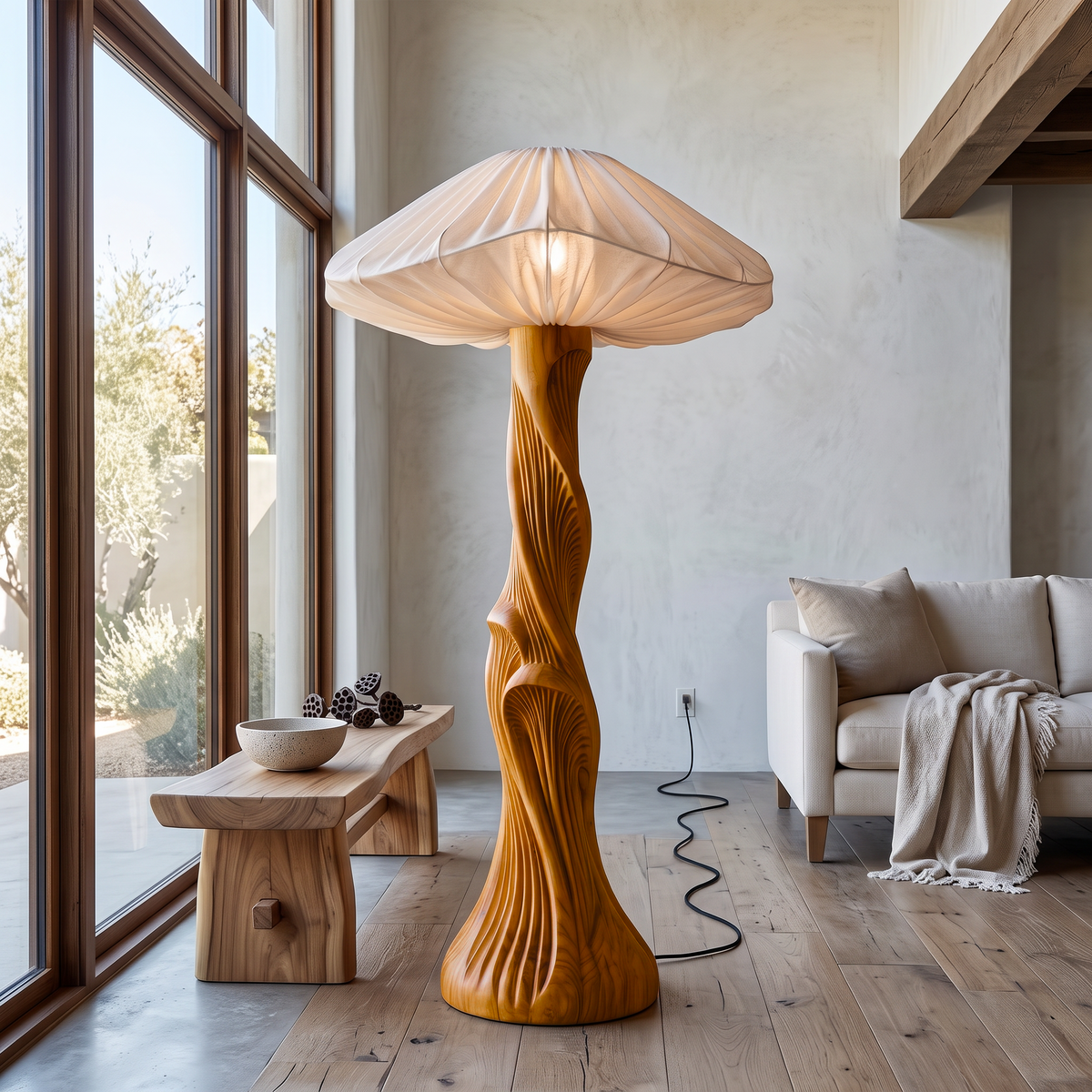 Contemporary Floor Lamp Carved Wood Mushroom Shade Pedestal Lounge - view 6