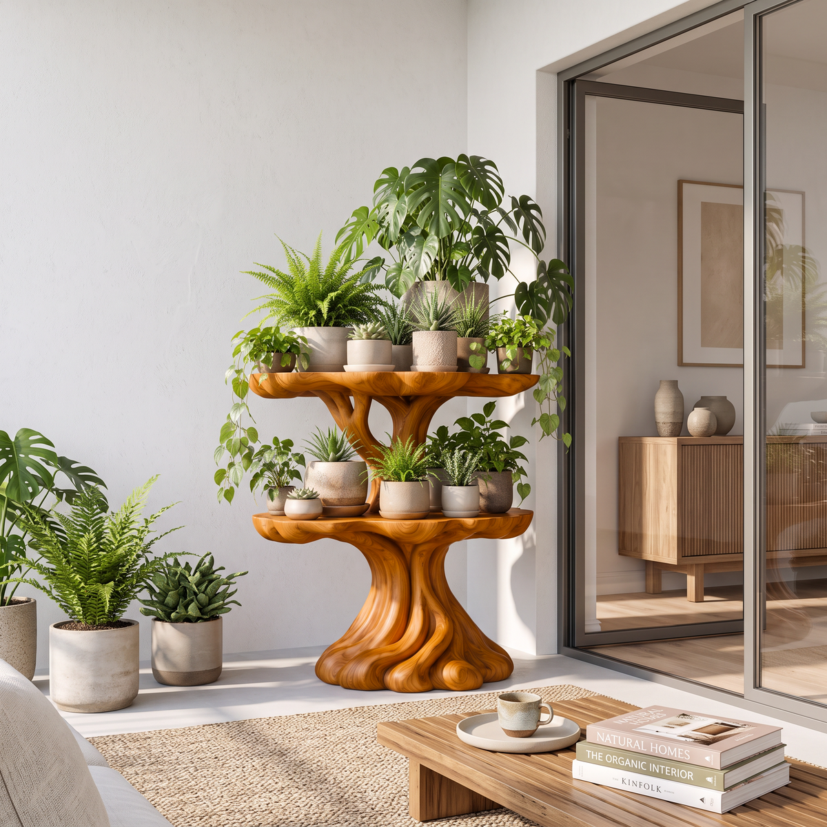 Contemporary Tiered Plant Shelf With Organic Branch Design For Living Room And Entryway - view 6