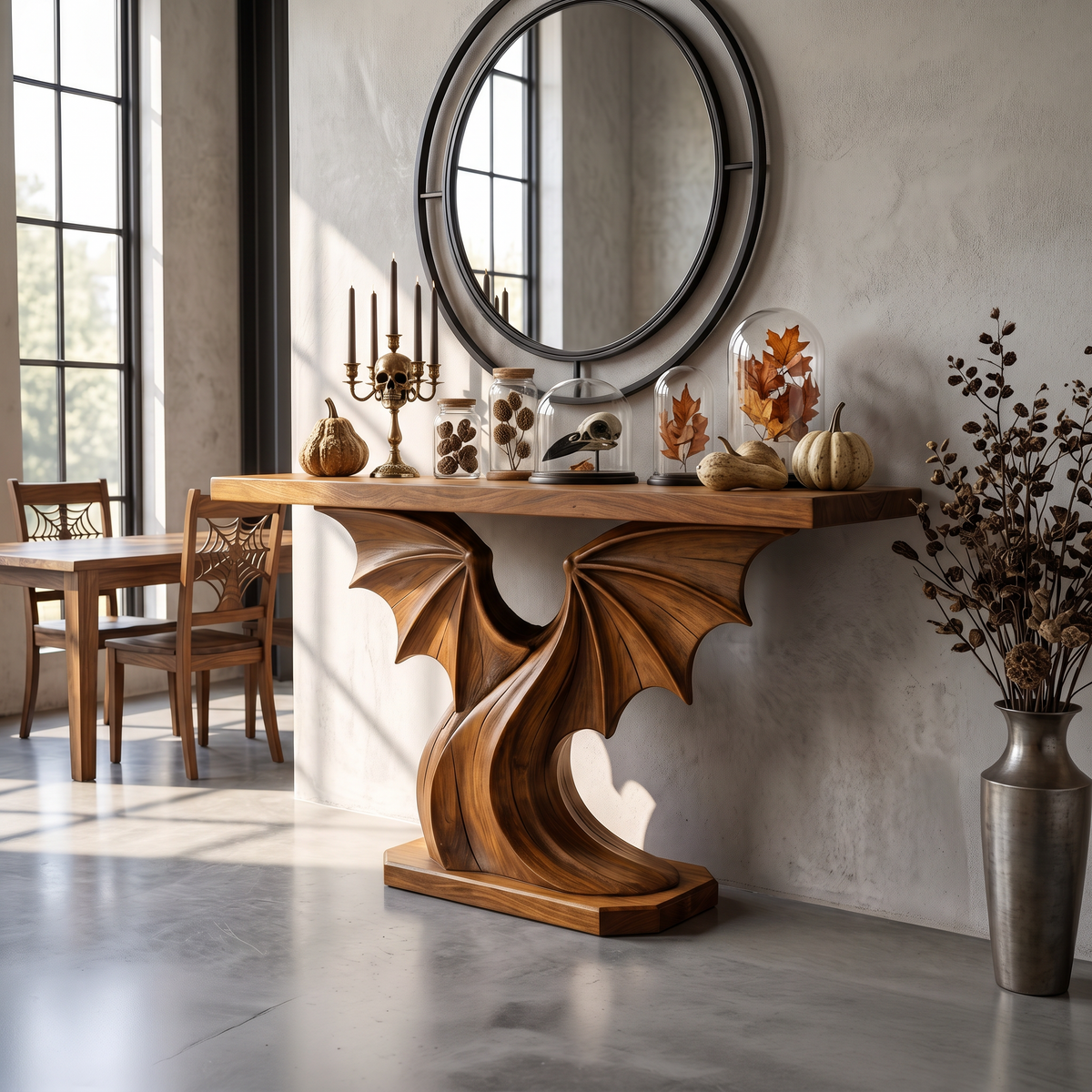 Contemporary Halloween Console Table With Sculptural Bat Wing Design For Entryway And - view 6