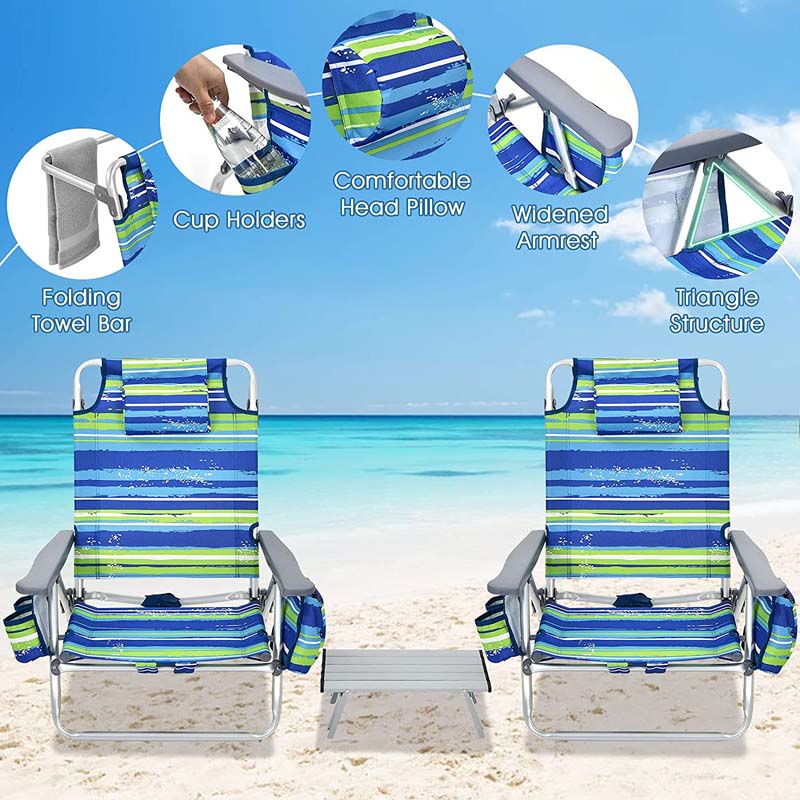 2-Pack 5-Position Outdoor Folding Backpack Beach Chairs With Side Table Set