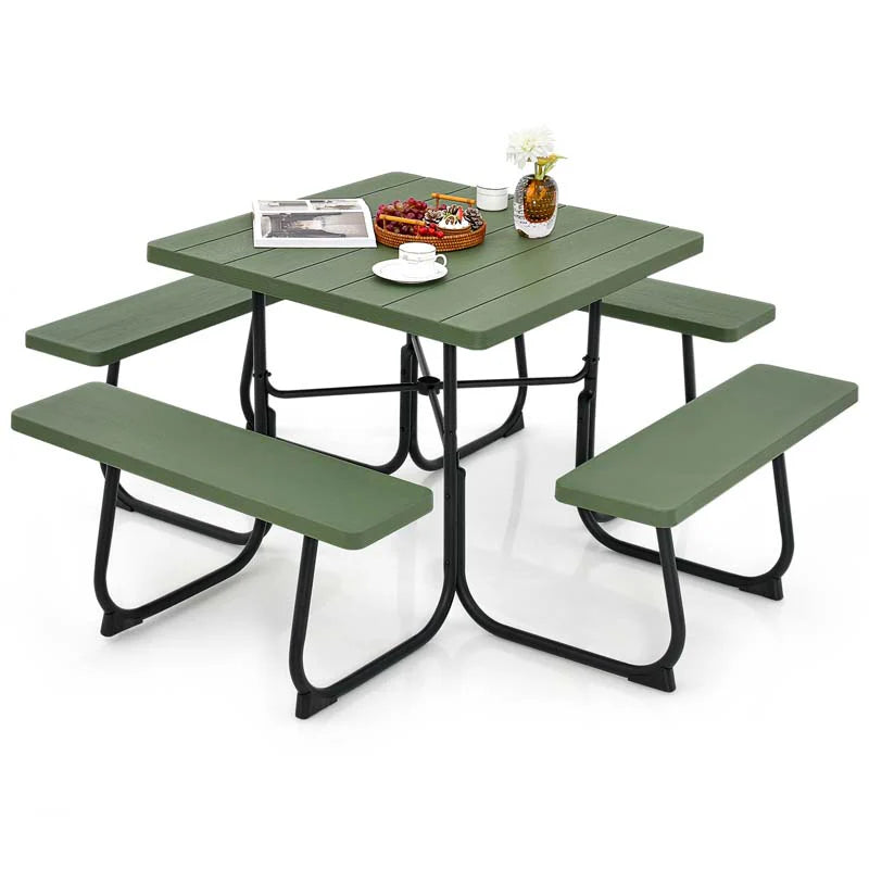 8-Person Outdoor HDPE Square Picnic Table And Bench Set, 67in x 67in x 30in, Metal Frame