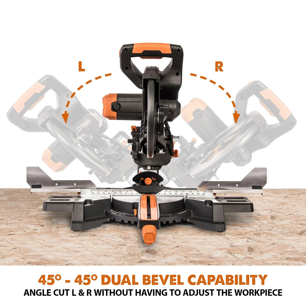 Evolution Dual Bevel Sliding Miter Saw With 10 in Multi-Material Cutting Blade - R255SMS-DB+