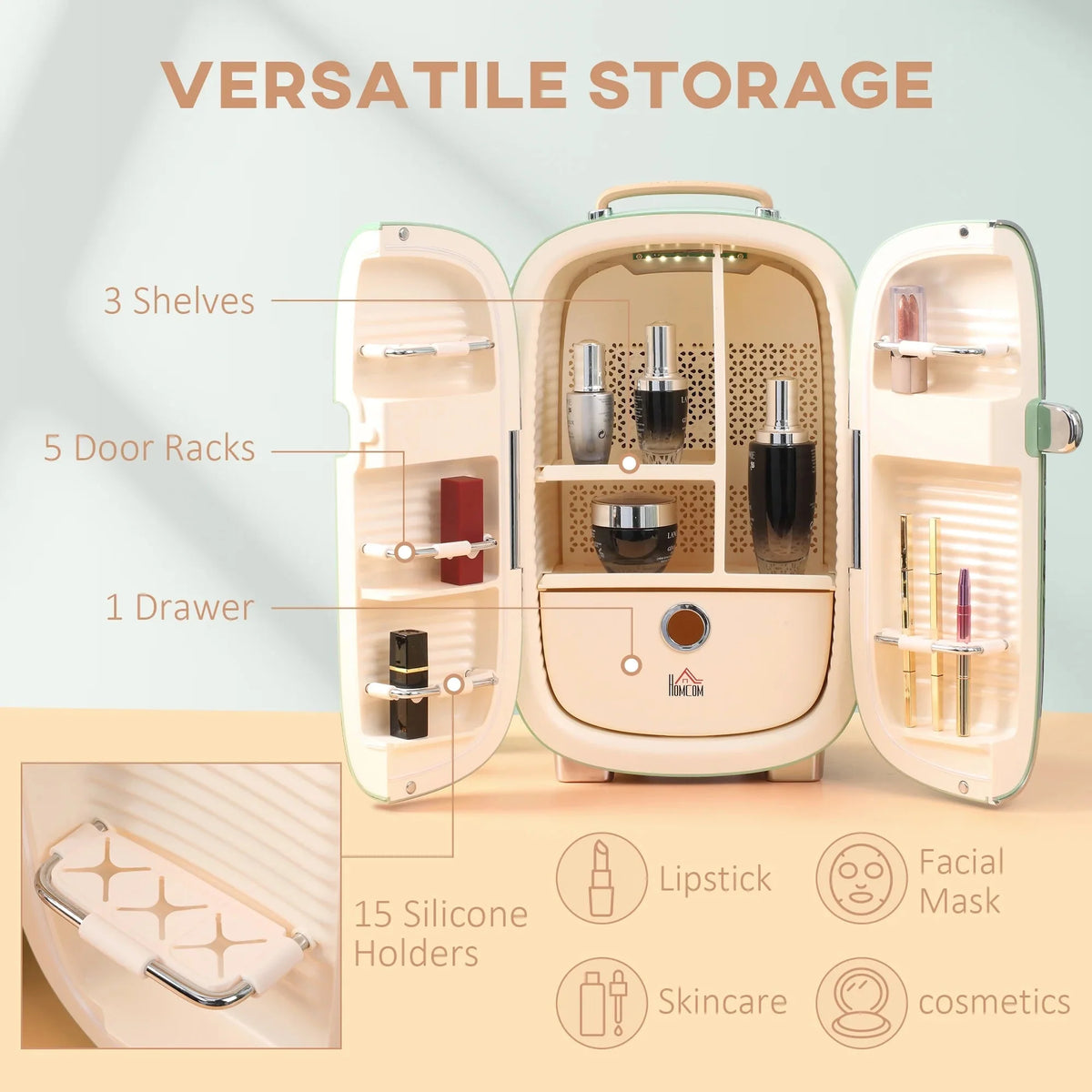 HOMCOM Portable Beauty Fridge, 0.4 Cu. Ft, 12 L, 10.75 in L x 10.75 in W x 17.5 in H - 800-136WT