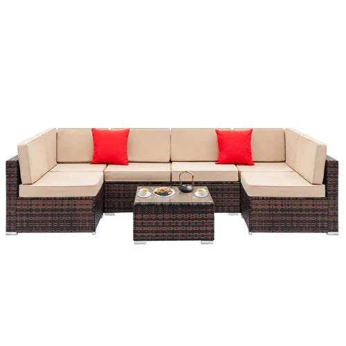 SESSLIFE 7-Piece Wicker Patio Sofa Set With Glass Coffee Table - Brown Rattan Beige Cushions