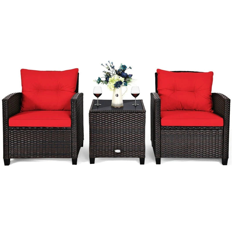 3-Piece Rattan Patio Conversation Set With Cushions And Coffee Table