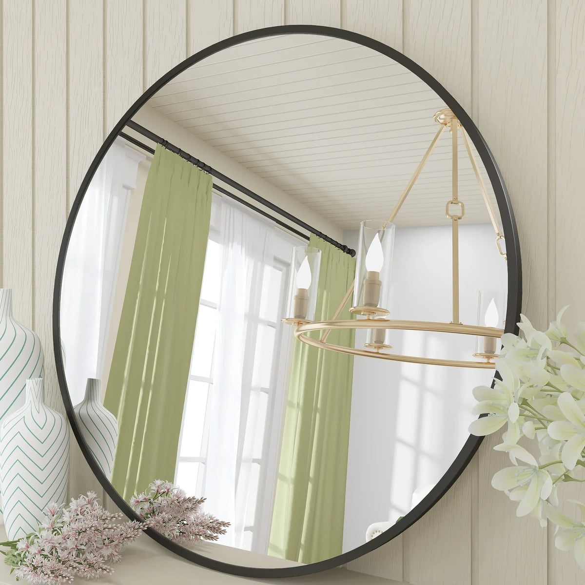 Round Metal Black Frame Bathroom Vanity Mirror - Wall Mounted