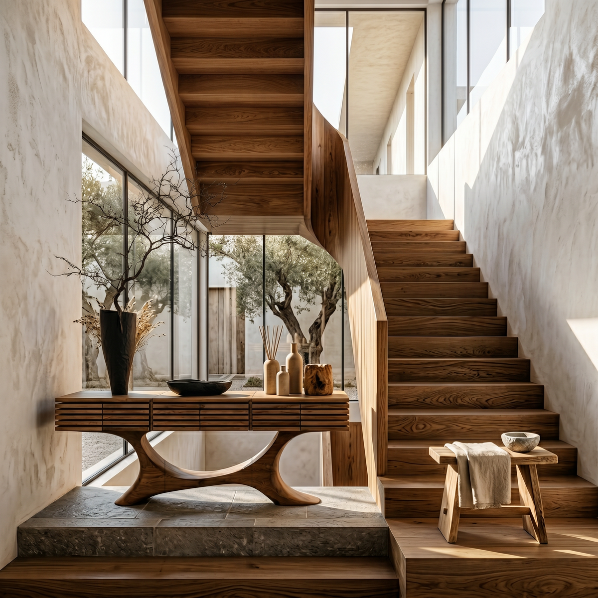 Contemporary Console Table With Curved Tree Trunk Base And Built In Storage Drawers For - view 6