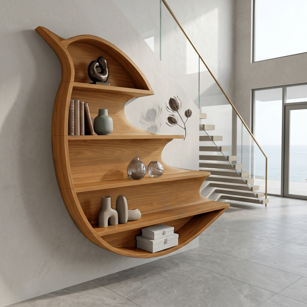 Artistic Wave Bookcase With Wall Mounted Display Storage For Entryway - view 6