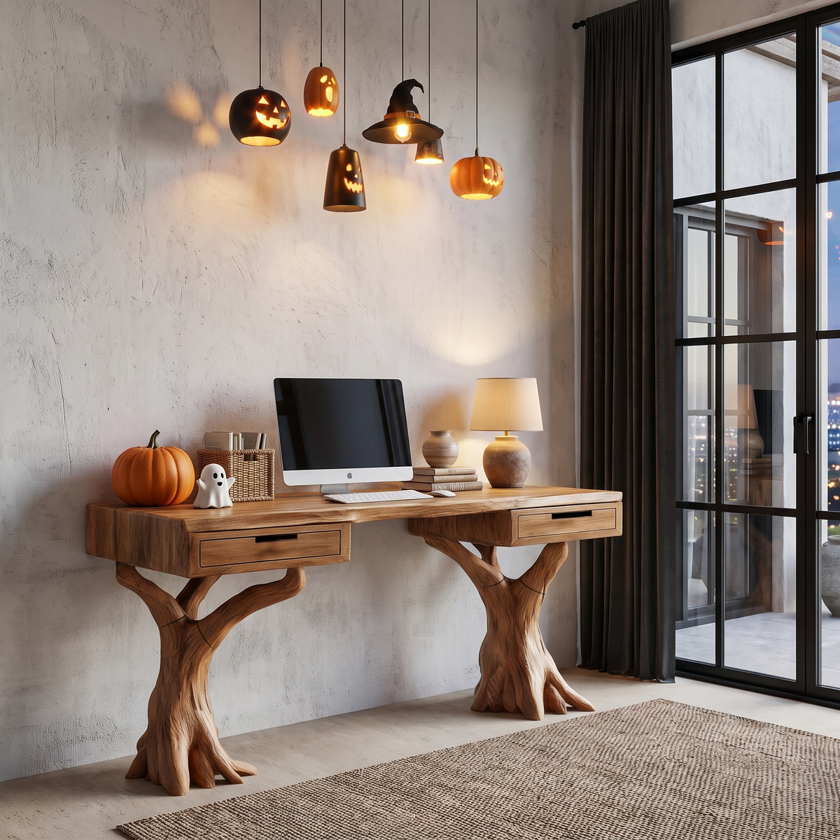 Contemporary Halloween Storage Desk With Pumpkin Display Shelves For Home Office - view 6