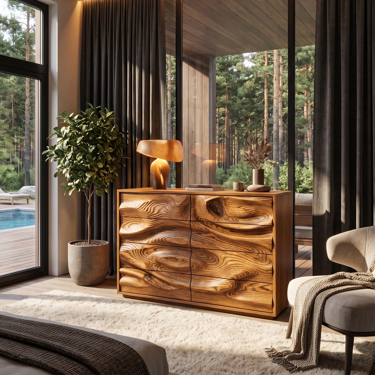 Contemporary Wooden Dresser With Sculpted Ripple Drawers For Bedroom - view 6