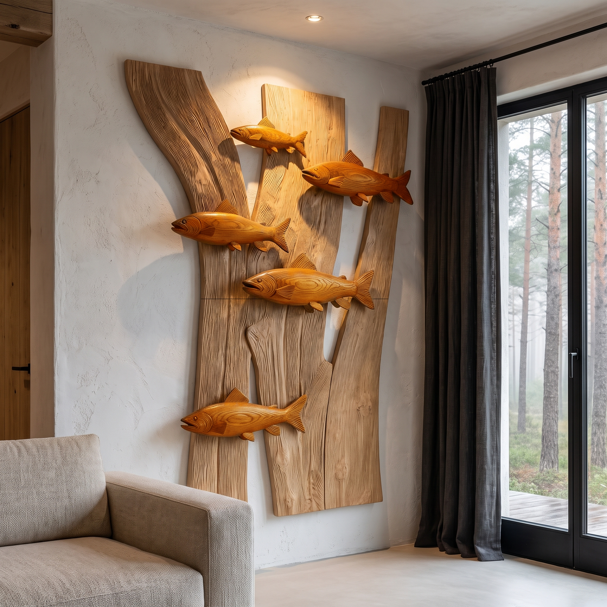 Contemporary Wooden Fish Wall Decor With Sculptural River Scene For Living Room And - view 6