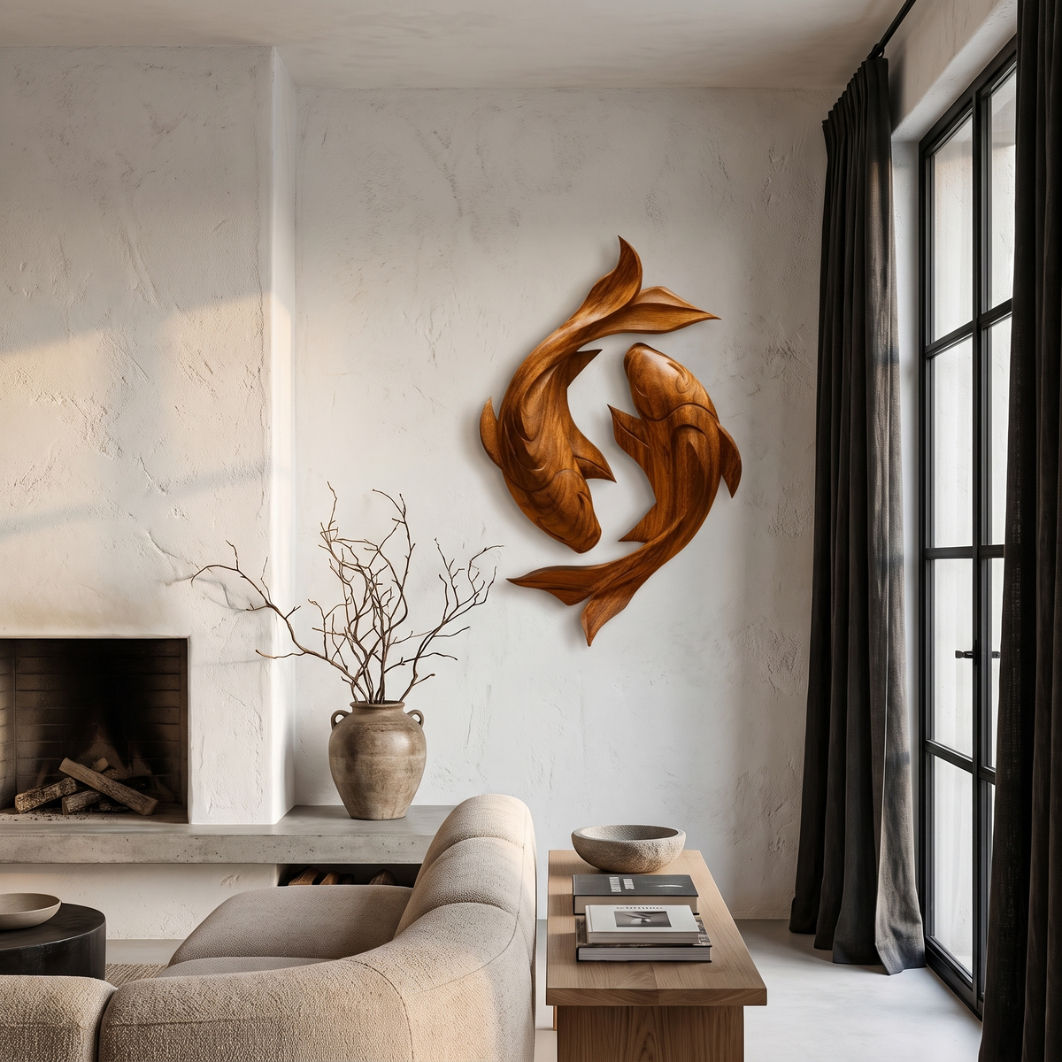 Contemporary Wood Wall Sculpture With Carved Koi Fish Design For Living Room And Office - view 6