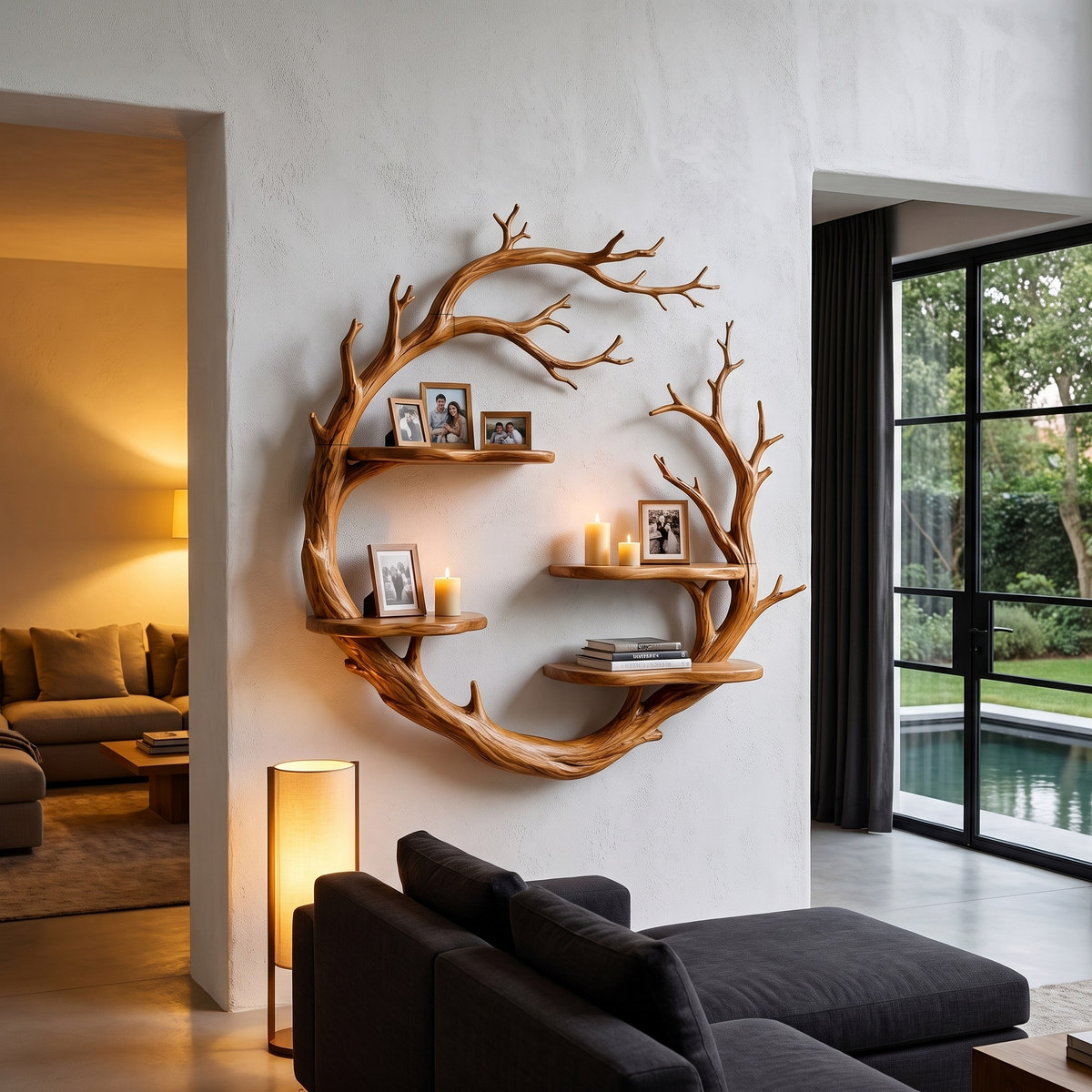Contemporary Floating Shelf With Tree Branch Display Design For Living Room And Hallway - view 6