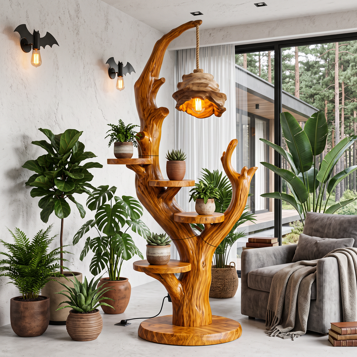 Contemporary Halloween Plant Display Stand With Floating Circular Shelves For Entryway - view 6