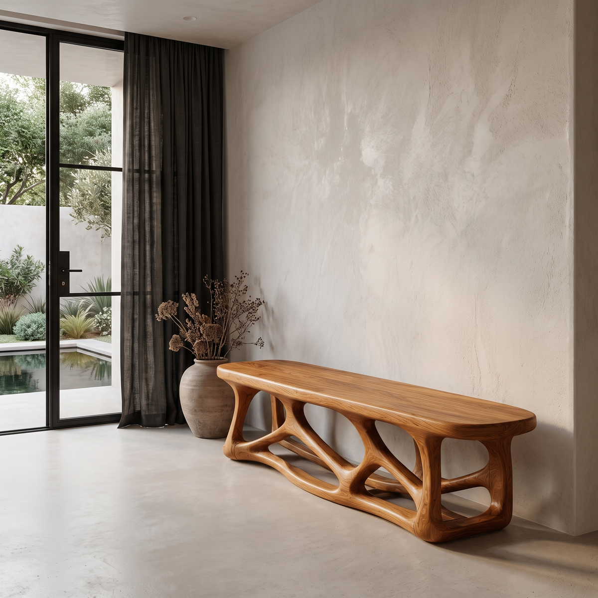 Contemporary Wood Bench With Flowing Organic Design For Hallway And Entryway - view 6