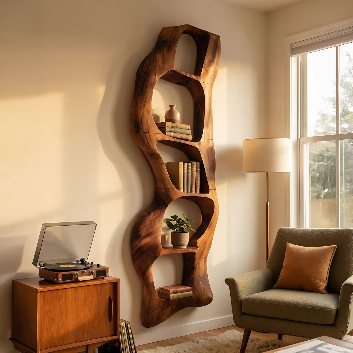 Contemporary Wooden Wall Shelf, Handcrafted Solid Wood Floating Storage Display Ledge Rack - view 6