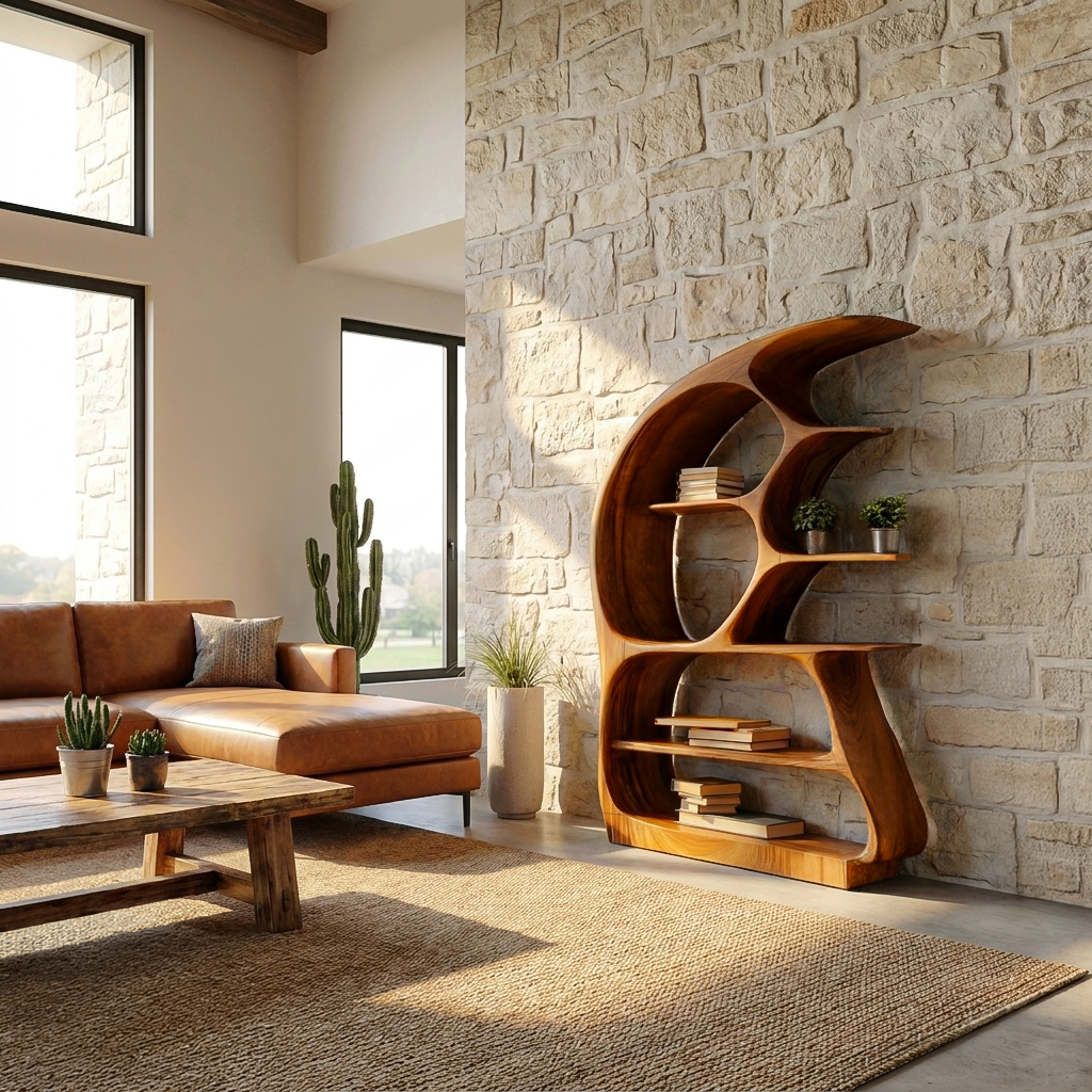 Contemporary Sculptural Wood Bookshelf For Living Room Decor - view 6