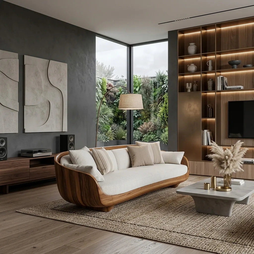 Contemporary Curved Wooden Sofa With Upholstered Seat For Living Room - view 6
