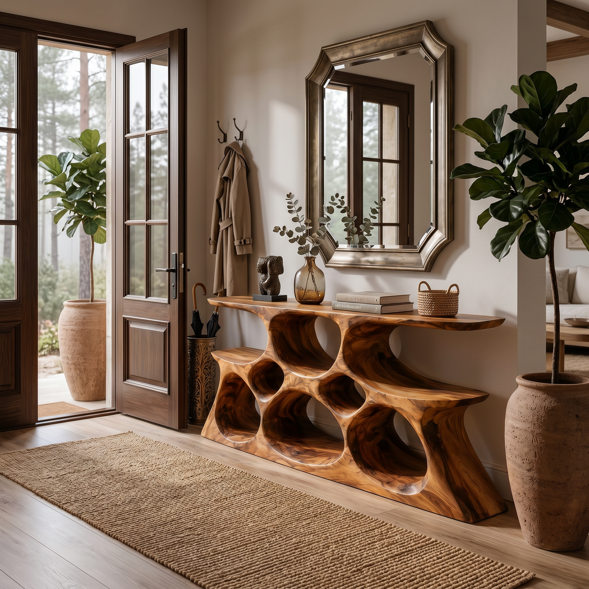 Elegant Wooden Console Table With Sculptural Shelves For Home Decor - view 6