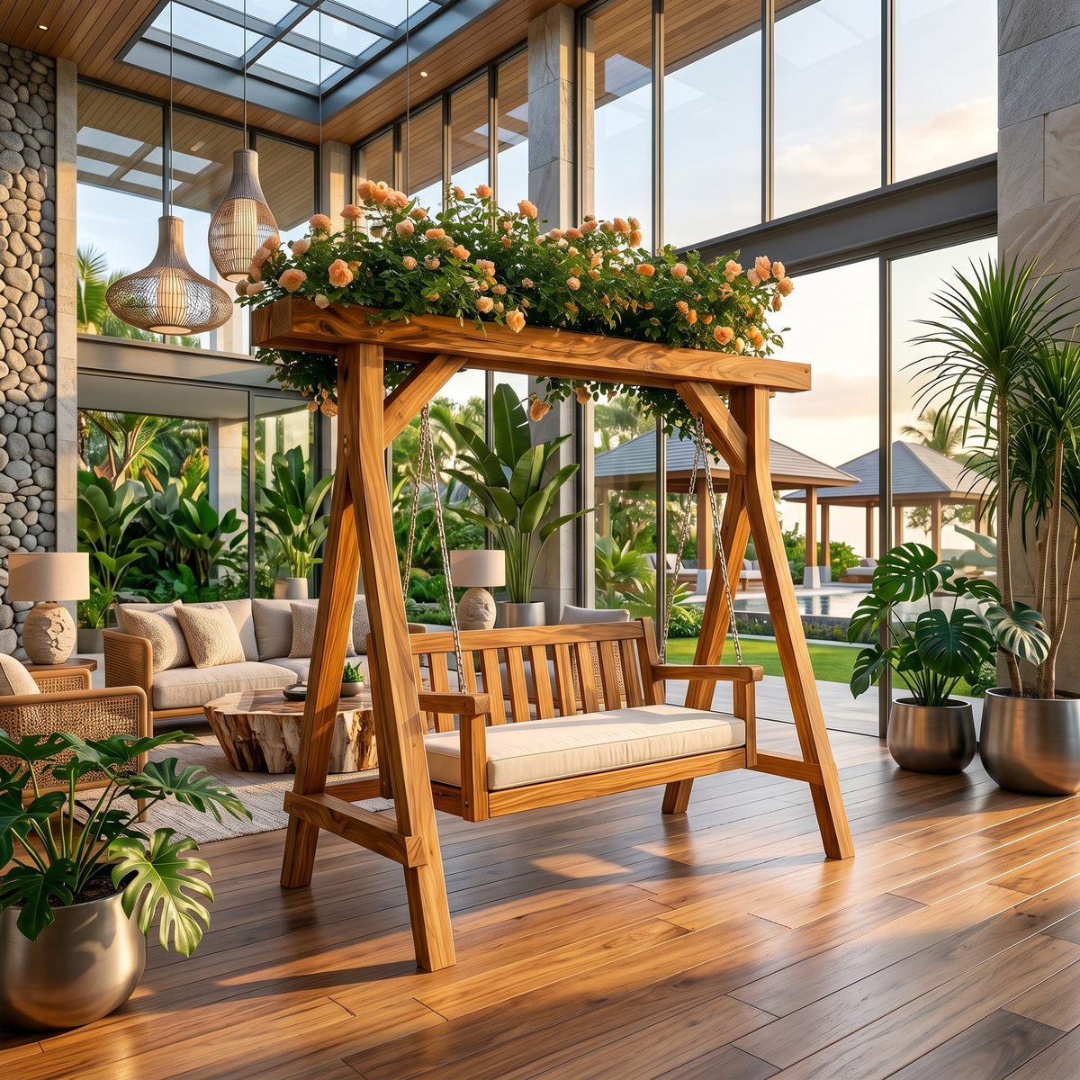 Elegant Wooden Swing With Planter Frame - view 6