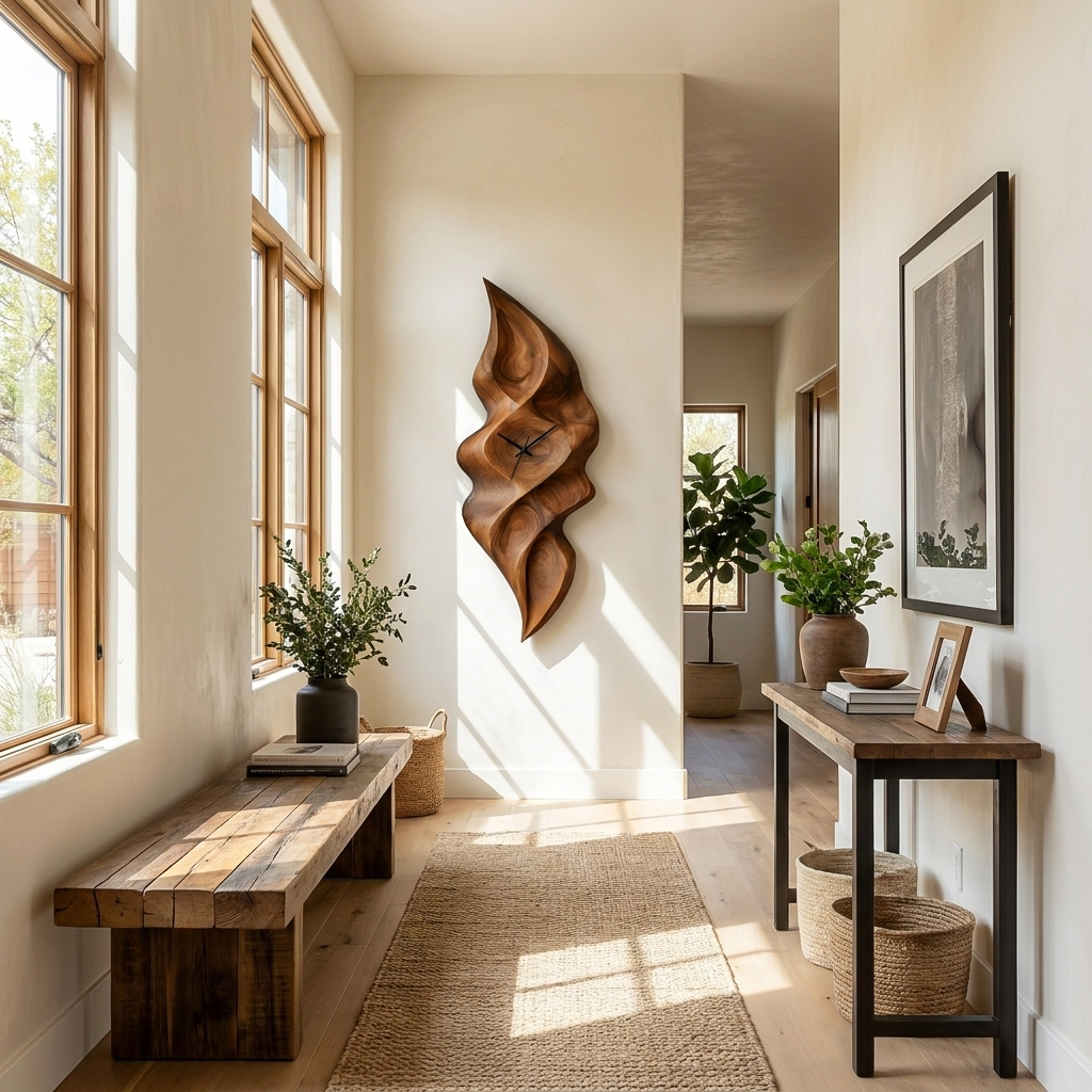 Contemporary Wood Wall Clock With Wave Sculpture For Minimalist Bedroom - view 6