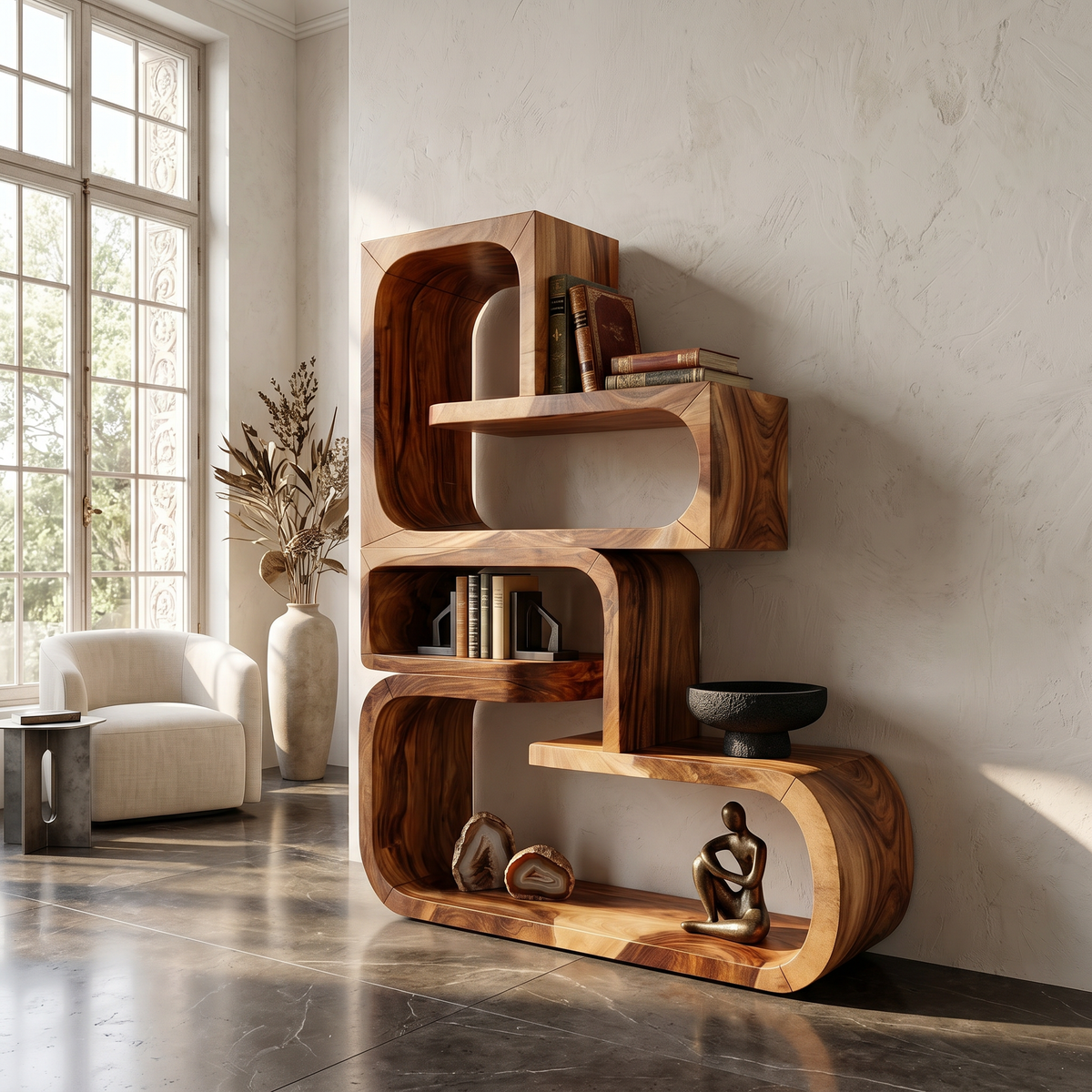 Contemporary Wave Edge Wooden Bookcase In Natural Finish - view 6