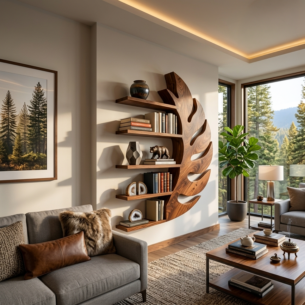 Contemporary Wooden Leaf Shape Floating Bookshelf For Home Decor - view 6