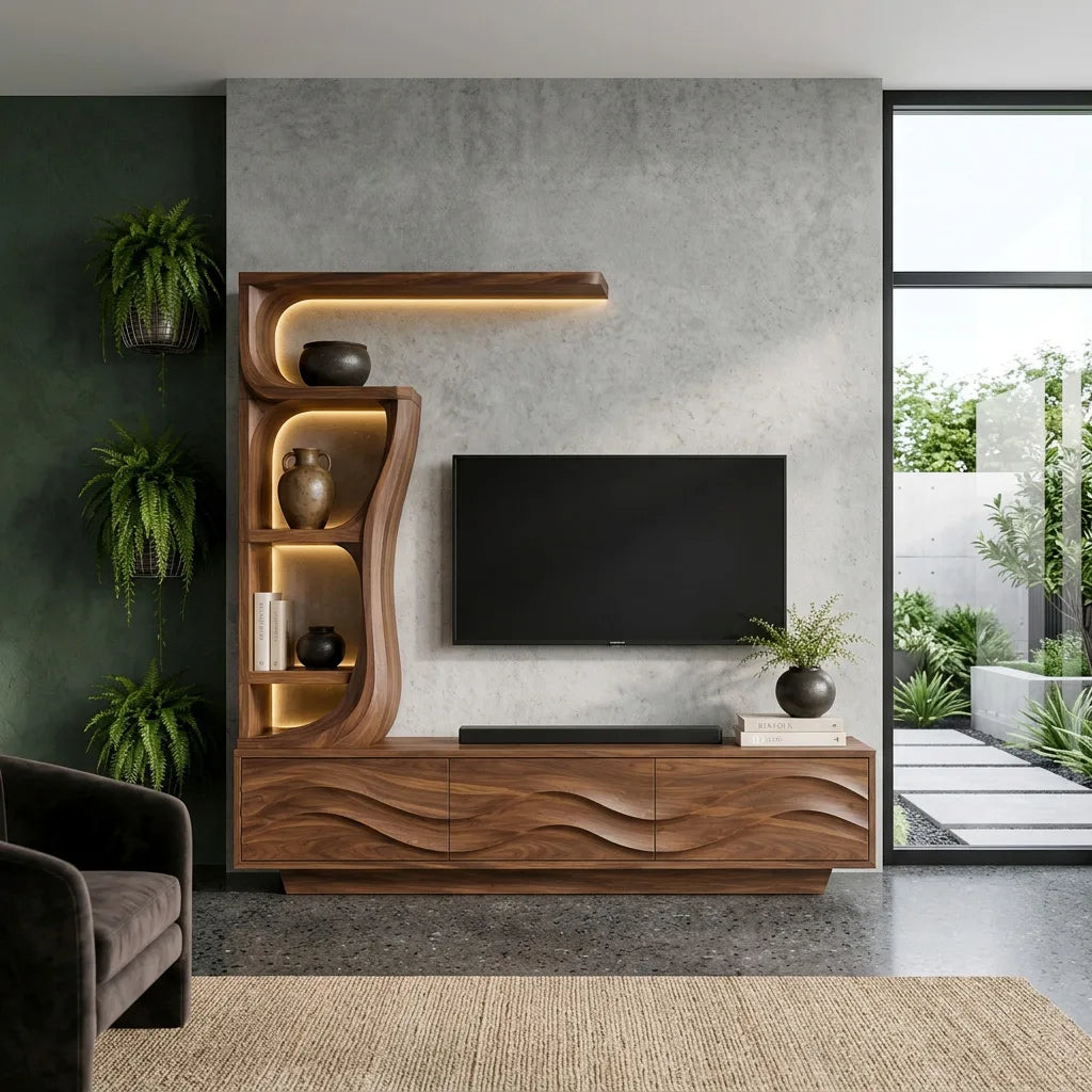 Contemporary Wave Carved Wooden TV Stand With Shelf For Living Room - view 6