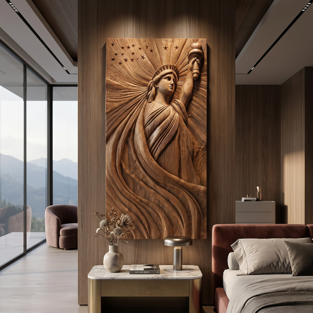 Coastal Modern Statue of Liberty Wood Wall Art, Handcrafted 3D Wooden Icon Sculpture Panel