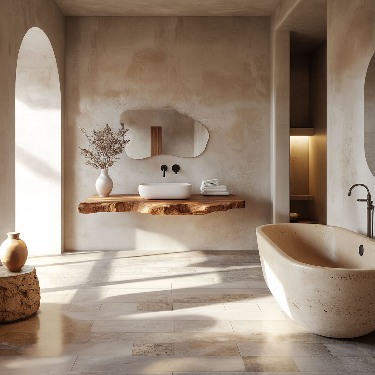Contemporary Spa Bathroom Vanity Floating Live Edge Wood Counter - view 2