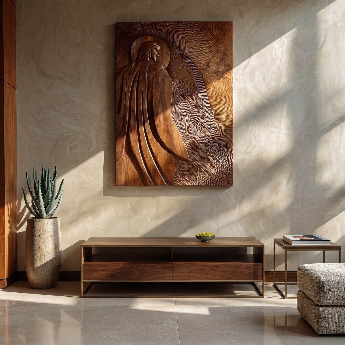 Contemporary Wooden Wall Art With Carved Figure For Living Room - view 6