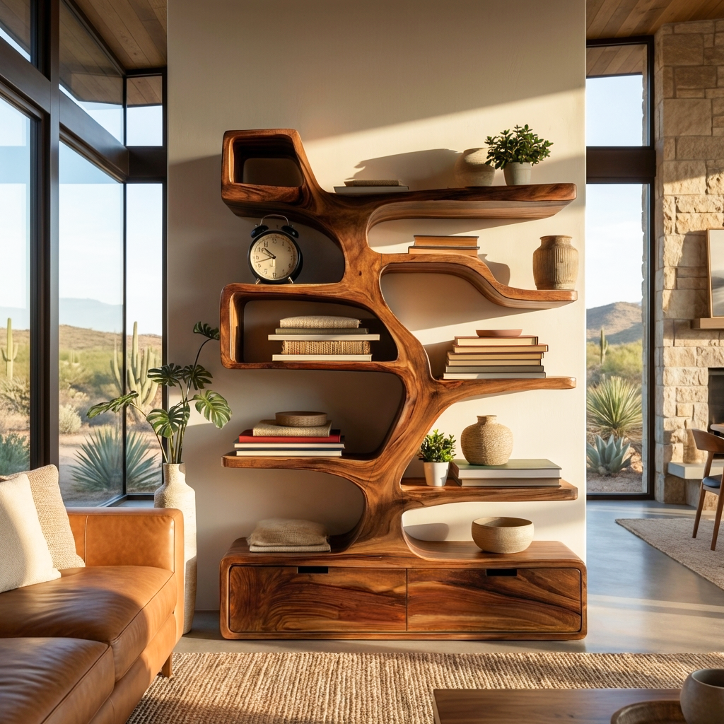 Contemporary Wooden Bookshelf Sculpted Design For Living Space - view 6