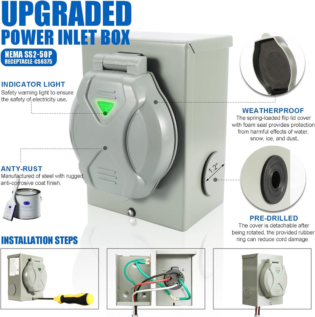 50 Amp Generator Cord And Power Inlet Box, 30FT, 125/250V - PB50