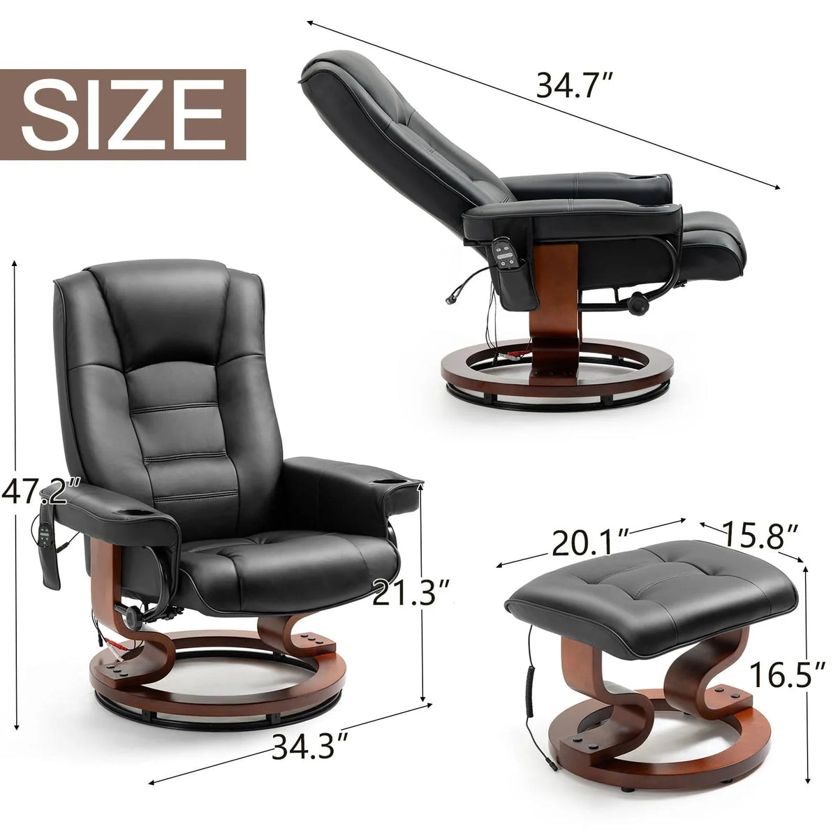 AVAWING Faux Leather Swivel Massage Recliner Chair With Ottoman - Black