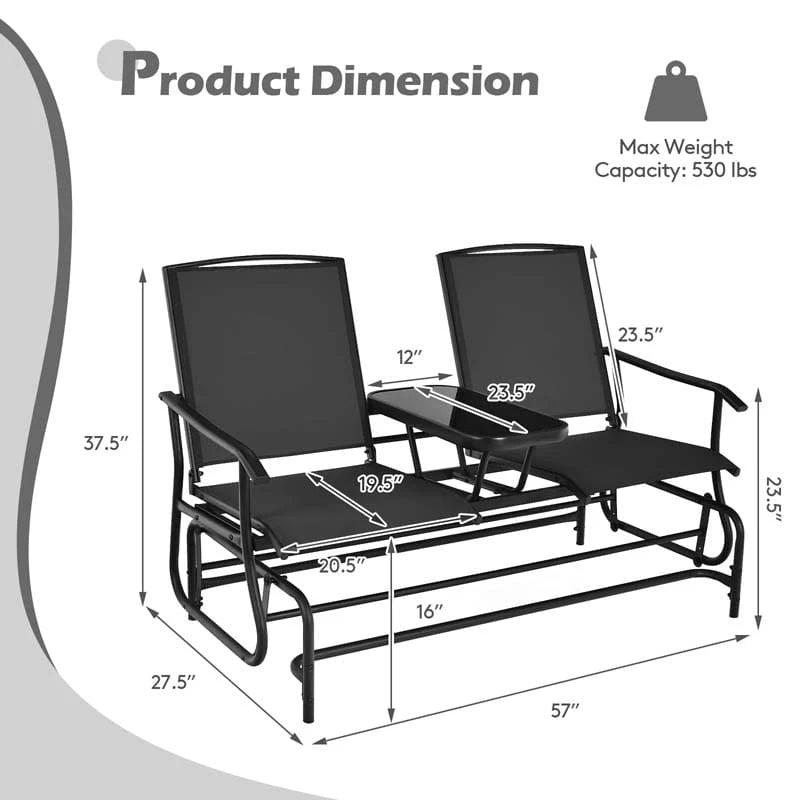 2-Person Outdoor Bench Glider Chair With Center Table, Mesh Fabric, 57 x 28 x 38 in